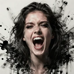 portrait of crazy eyed model screaming black ink on paper