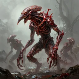 scifi art by Greg Rutkowski, four legged hideous monster made of twisted human flesh and reddish ooze with an elongated snout, a slender body, and elongated limbs, vicious appearance, scifi, space horror, digital painting, artstation, concept art, smooth, sharp foccus ilustration, Artstation HQ.