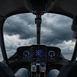 Dark helicopter cockpit interior looking out at storm clouds, cinematic
