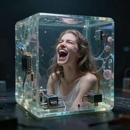 biomorphic woman screaming with joy inside a gelatinous cube of aspic of electronics, extremely detailed masterpiece, atmospheric, shadowy, cinematic, digital art, 4 k