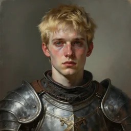 portrait painting of a sun - kissed young melancholic man with a soft face and short blonde hair wearing armor, ultra realistic, concept art, intricate details, eerie, highly detailed, photorealistic, octane render, 8 k, unreal engine. art by artgerm and greg rutkowski and charlie bowater and magali villeneuve and alphonse mucha