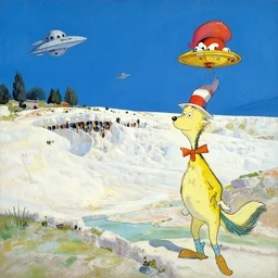 Pamukkale landscape in the style of Dr. Seuss, starships, painting by Ralph McQuarrie