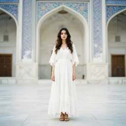 a full body portrait of a young beautiful woman wearing an billowing doily dress, face in the style of irakli nadar, inside a white iranian marble temple, soft lighting, film photography