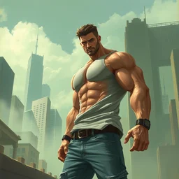battle hardened, overpowering, pragmatic, charismatic character male handsome muscular wearing jeans and t - shirt, portrait, confident, modern cityscape, outdoors, architecture, fog, sunny, volumetric lighting, illustration, perfectly shaded, greenish tinge, cold lights soft painting, art by krenz cushart and wenjun lin