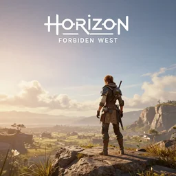 a screenshot of Horizon Forbidden West during the golden hour