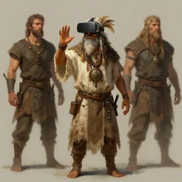 Realistic Neolithic era shaman wearing Virtual Reality glasses, artstation, character concept art, digital painting by Bjorn Hurri and Dave Rapoza and Frank Frazetta,