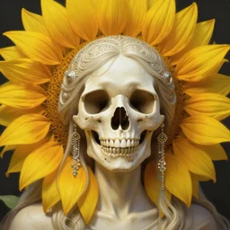 stunning sunflower goddess of skull portrait, skull, fantasy, intricate, elegant, highly detailed, digital painting, artstation, concept art, smooth, sharp focus, illustration, art by afshar petros and krenz cushart and artem demura and tony sandoval
