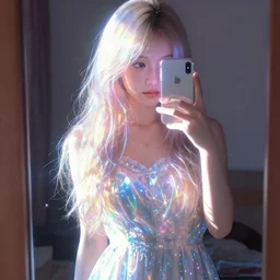 a girl taking a selfie in the mirror, anime art, ambient lighting, luminous, radiant, glowing, iridescent, lustrous, shimmering, brilliant, vivid, digital art, anime style
