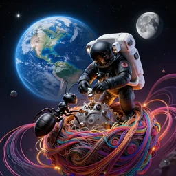 black ant astronaut repairing its space nest craft with the earth and the moon in background, and shooting stars, gloomhaven, matte painting concept art, art nouveau, beautifully backlit, swirly vibrant color lines, fantastically gaudy, aesthetic octane render, hyperrealistic, focused, extreme details, masterpiece, 8 k, ultrahd, hd resolution