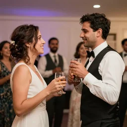 two people trying to talk while dancing holding a glass of whiskey at a wedding party