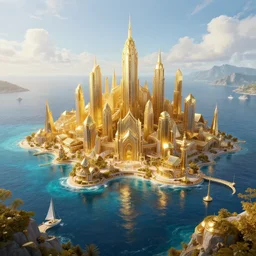 a golden fantasy sci fi luxurious city with cerulean oceansides, scandinavian / norse influenced, cinematic, ray traced, octane render, cinematic lighting, ultrarealistic, featured on artstation 8 k uhd artwork