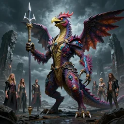 a reptile bird monster chimera hybrid with claws fangs bristles feathers tails wearing surreal clothes wielding excalibur, dark alien world with stone ruins, stormy, in the style of boris vellejo, julie bell, giger, gerald brom, luis royo, leng jun, fantasy, dramatic studio lighting, wide angle, science fiction, vibrant, octane render 8 k