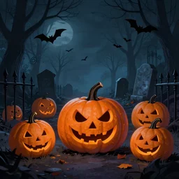 engraved halloween pumpkins with menacing expression, scattered in a graveyard at night, bats flying over tombstones, bare trees, iron railing, gloomy atmosphere, digital illustration tim burton style