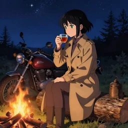 An anime girl by WLOP with short black hair and green eyes in a tan trenchcoat sitting on a log and drinking tea by the campfire by her motorcycle at night under the stars, evocative, mystical night, very very very very detailed, award winning, masterpiece digital painting by Greg Rutkowski, Alex Grey, artstation, 4k wallpaper