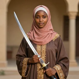 somali girl in hijab and traditional clothing with a sword in the style of patrick nagle