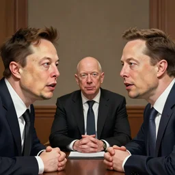 illustration of a meeting between elon musk, mark zuckenberg, jeff bezos, very clear face, high quality, very detailled, by artgem, greg rutkowski