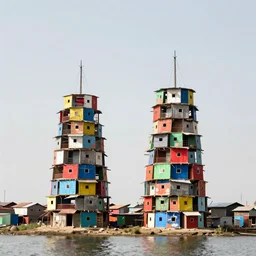 two towers made up of colourful stacked makeshift squatter shacks, placed next to water, mamiya 8 5 mm, f 1. 7, strong midday light, uniform plain sky, fine details, photographed by julie blackmon