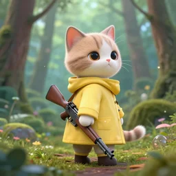 portait of a cute humanoid cat soldier wearing a yellow raincoat, venturing through a dense forest, carrying a rifle. realistic 4 k octane render, epic composition, magical atmosphere, ultra hd, masterpiece by petros afshar, anton fadeev, trending on artstation, looking back over shoulder, pastel colors, extremely detailed, gorgeous