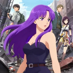 An anime portrait of Jennifer Lawrence with long purple hair running through urban battlefield by Stanley Artgerm Lau, WLOP, Rossdraws, James Jean, Andrei Riabovitchev, Marc Simonetti, and Sakimichan, trending on artstation