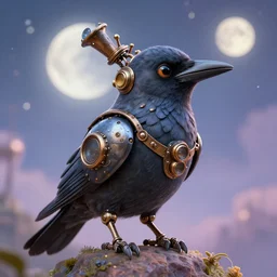 a close - up stunning fantasy scene of a cute mechanical steampunk crow | highly detailed | very intricate | disney | magic the gathering | steampunk | dramatic romantic epic breathtaking whimsical magical | bokeh moon stars | professional cinematic lighting | award - winning | painted by marc simonetti and anton fadeev and paul lehr and rhads and alena aenami | pastel color palette | featured on artstation