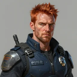 Portrait of a man by Greg Rutkowski, he is about 50 years old, badass redneck features, messy copper short hair, strong, tired expression, father figure image, he is wearing a futuristic police gear, highly detailed portrait, scifi, digital painting, artstation, concept art, smooth, sharp foccus ilustration, Artstation HQ.
