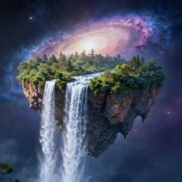 Floating island, waterfall flowing down the side, galaxy background, 4k, digital art, trending on artstation