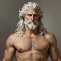 painted portrait of rugged zeus, greek god, white hair, masculine, mature, handsome, upper body, muscular, hairy torso, fantasy, intricate, elegant, highly detailed, digital painting, artstation, concept art, smooth, sharp focus, illustration, art by gaston bussiere