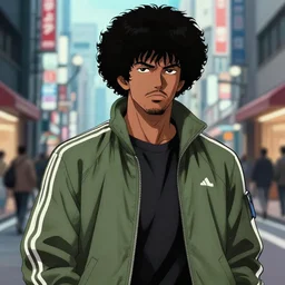 illustration by katsuhiro otomo, black man with afro hair, stubble, wearing an adidas army green jacket, in the streets of tokyo, akira style, by katsuhiro otomo