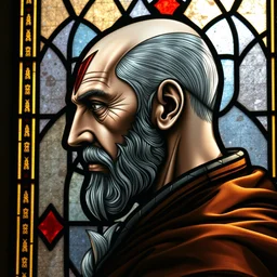 gothic stained glass window, detailed side portrait of letho of gulet, a 3 5 year old man, witcher, side - view, bald, big v - shaped head scar, detailed and masterful, backlit