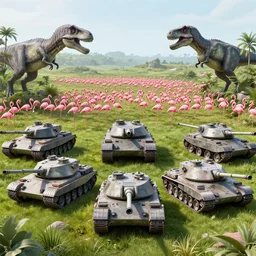 a pink flamingo army in a lush jurassic landscape facing a battalian of modern tma - 7 9 tanks, hyper realistic art, 4 k, hyper realistic, coherent design, symmetrical, vivid colour, trending on art station, in the style of pi - slices, complementary colour, golden ratio, detailed, sharp lines, intricate, rainbow shift, in unreal 3 d engine, ray tracing, octane render
