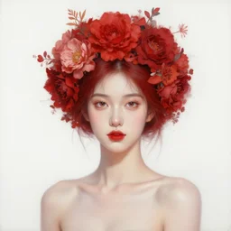 portrait red oil painting, a beautiful young woman, floral headdress, flowers, white background, fantasy character portrait, ultra realistic, wide angle, intricate details, mass effect, artifacts, luminous skies, highly detailed, michael cheval, peter mohrbacher, boris vallejo, jessica rossier, oil painting, highly detailed, cinematic lighting