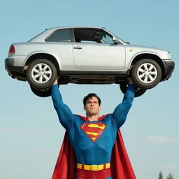 a strong man as super man lifting a car, the car is on top of him,