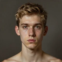 tall man in his twenties with brown blond short quiff hair and thin slightly round facial structure with cleft chin, straight eyebrows and prominent nose, good definition of cheekbones, small mouth, big hazel nut brown eyes, narrow face, slim body, atmospheric lighting, painted, intricate, 4 k, highly detailed by charlie bowater