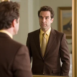 Andy Richter is wearing a chocolate brown suit and yellow shirt and necktie. Andy is standing in front of a mirror.