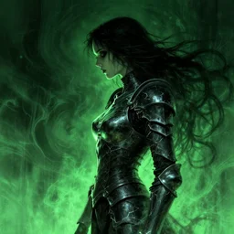 side profile, imogen poots, fractured, dark armor, luminescent, haunted, evil inky swirly ripples, sickly green colors, by greg manchess, huang guangjian, gil elvgren, sachin teng, greg rutkowski, jesper ejsing, ilya kuvshinov