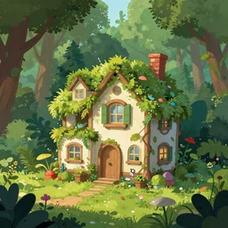 A cartoon illustration of an overgrown house in a lush forest, detailed, depth