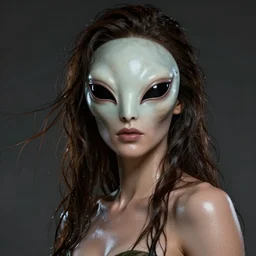 epic portrait a woman with a alien masked face, wet flowing hair, shiny skin, illustration, unreal engine 5, 8 k, made by j. c. leyendecker