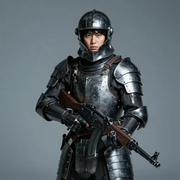Korean Actor Park Solomon as Kazuki Fuse in Live Action Jin Roh: The Wolf Brigade, wearing full armor holding his MG 42 machine Gun, Studio Lighting, shot in the Style of Annie Leibovitz, Mamoru Ushii