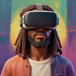 stylish 3 d vfx - drew struzan movie poster - art of an african jesus wearing a vr goggles, art style by james jean & hsiao - ron cheng, unreal engine render, digital illustration, sharp, intricate detail, volumetric lighting, ray tracing, soft light, colourful, claymation style, ernie barnes style, symmetry, acrylic on canvas, pinterest, artstation, beh