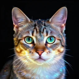 face of a glowing cat, neon light, black background, digital art