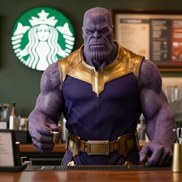 film still of Thanos as a barista at Starbucks in Avengers Infinity War, 4k