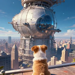 a puppy looking in awe at a huge city in a massive cylindrical space station, epic, vibrant