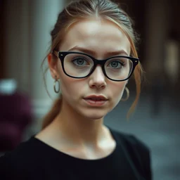 a portrait photograph of a nerdy young woman from berlin with big glasses and a black dress, dof, sharp focus, highly detailed face, symmetric face, realistic iris, cinestill 8 0 0 t, photography by paolo roversi
