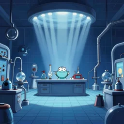 dexter's laboratory cartoon, wide view, lab equipment, grid, blue environment
