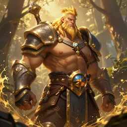 portrait, zarya from overwatch as a dungeons and dragons barbarian, in the forest, dramatic lighting, strong broad robust figure, smooth, intricate, highly detailed, golden hour, splash art, high fantasy