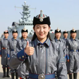 9 Young female Mongolian Navy Captain, wearing a reefer jacket and peaked cap, giving a thumbs up, posing with a warship in the background