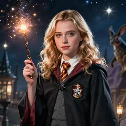 chloe grace moretz portrait as a wizard from hogwarts, hyperrealistic, sharp focus, magic, magic wand, spells, stars, creatures, fantasy