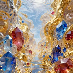vivid dream of vaporwave bliss manifold, blissful vibe, concentrated bliss, gold, ruby, quartz, sapphire, glass, quicksilver, water, air, HDR, octane render, 8k, 4k