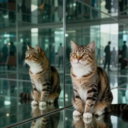 the reflection of an exotic shorthair cat in an infinity room. Mirror, twin peaks, in the style of David Lynch, 8k, photorealistic, confused