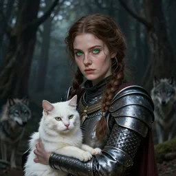medieval female warrior, green eyes, dark forbidden forest, wolves, white cat, coherent composition by Lecouffe-Deharme, by Natalie Shau